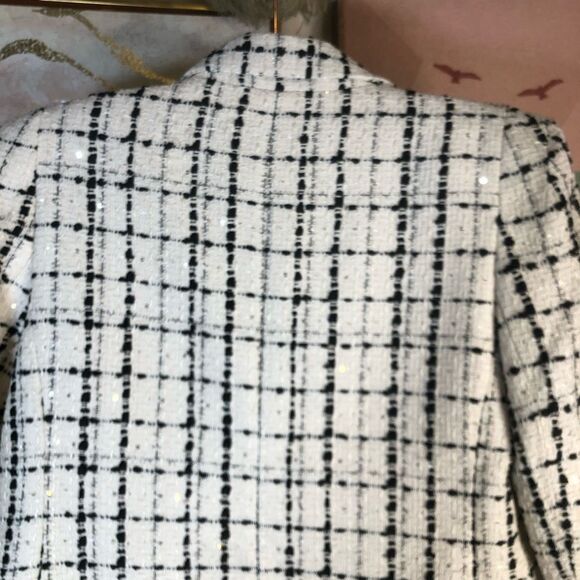 Express Womens Plaid Double Breasted Boyfriend Blazer Jacket Cream Black Medium - Picture 5 of 6